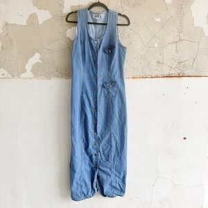 Vintage 90s Denim Maxi Dress Button Front‎ Sleeveless Jean Jumper Made in USA 11